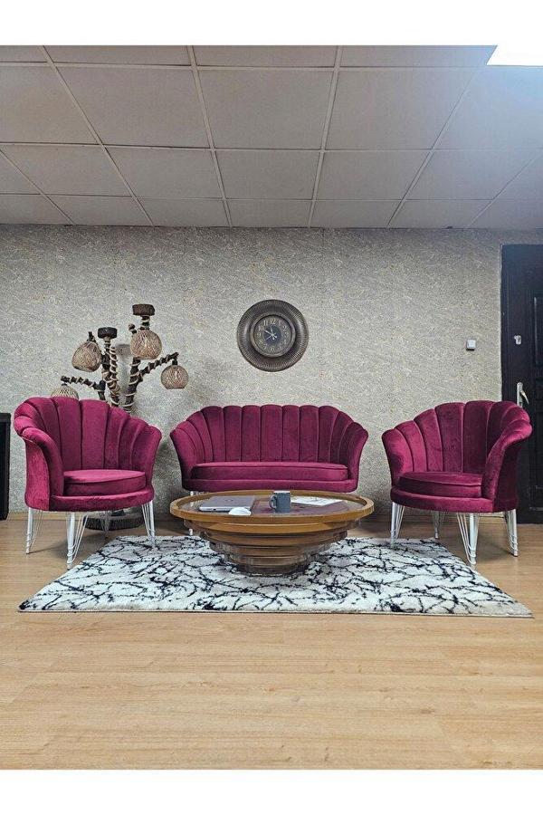 İstiridye Takım Beyaz Boyalı Telli Ayak Çay Seti Koltuk Takımı Bordo Renk 110 x 48 Boyut/Ebat - Image 1