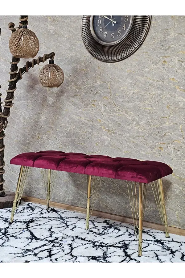 Metal Gold Tel Ayaklı 100 cm Puf Bench - Puf - Bench - Oturak - Mutfak Oturağı - Antre Oturağı Bordo Renk 100 x 40 Boyut/Ebat - Image 1