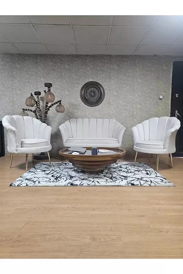 İstiridye Takım Gold Kaplama Sivriltme Ayak Çay Seti Koltuk Takımı Krem Renk 110 x 48 Boyut/Ebat - Image 1