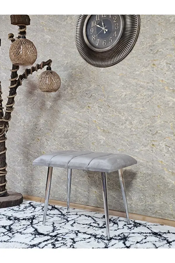 Krom Sivriltme Ayaklı 60 cm Puf Bench - Puf - Bench - Oturak - Mutfak Oturağı - Antre Oturağı Gri Renk 60 x 40 Boyut/Ebat - Image 1