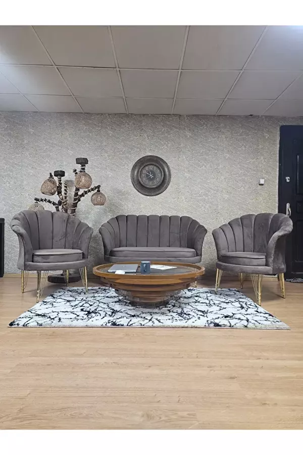 İstiridye Takım Gold Kaplama Telli Ayak Çay Seti Koltuk Takımı Kahverengi Renk 110 x 48 Boyut/Ebat - Image 1
