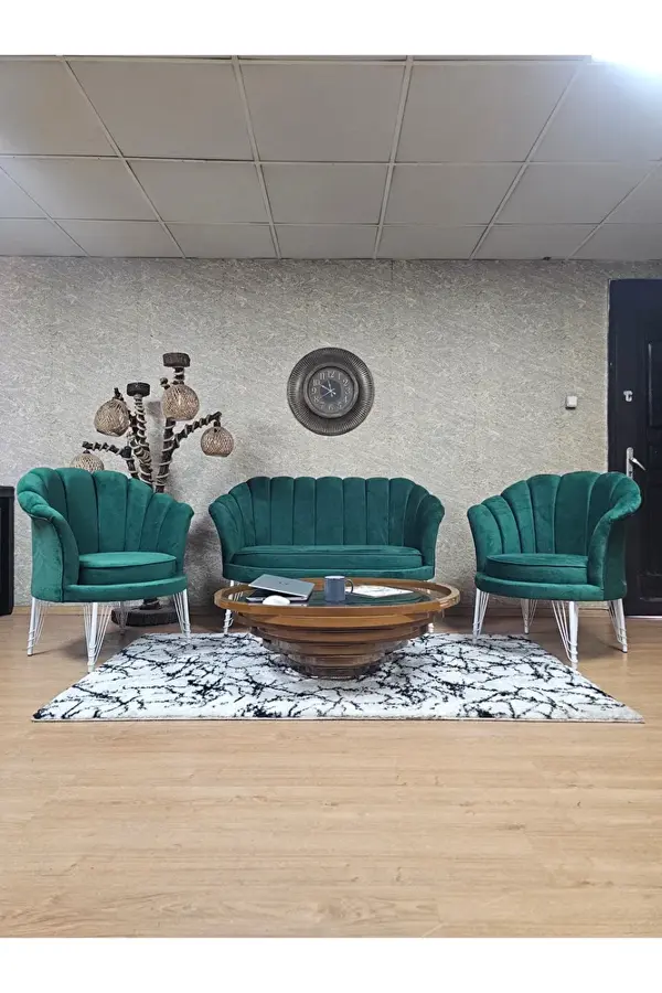 İstiridye Takım Beyaz Boyalı Telli Ayak Çay Seti Koltuk Takımı Yeşil Renk 110 x 48 Boyut/Ebat - Image 1