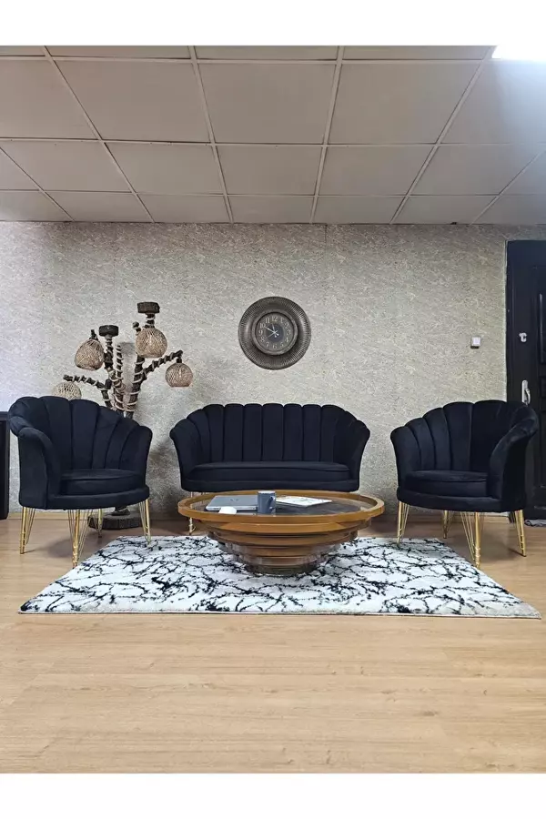 İstiridye Takım Gold Kaplama Telli Ayak Çay Seti Koltuk Takımı Siyah Renk 110 x 48 Boyut/Ebat - Image 1