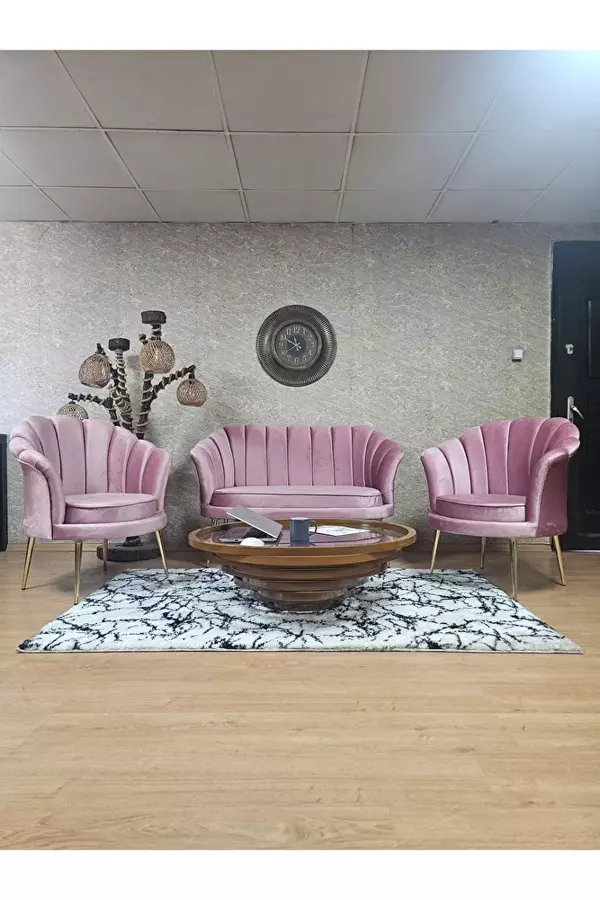 İstiridye Takım Gold Kaplama Sivriltme Ayak Çay Seti Koltuk Takımı Pembe Renk 110 x 48 Boyut/Ebat - Image 1