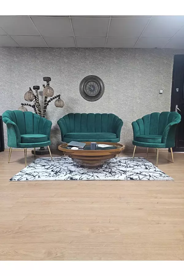 İstiridye Takım Gold Kaplama Sivriltme Ayak Çay Seti Koltuk Takımı Yeşil Renk 110 x 48 Boyut/Ebat - Image 1