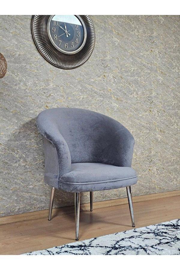 Tekli TEDDY Krom Kaplama Sivriltme Ayak Çay Seti Koltuk Tekli Berjer , Balkon, Salon, Ofis Gri Renk 40,5 Boyut/Ebat - Image 1