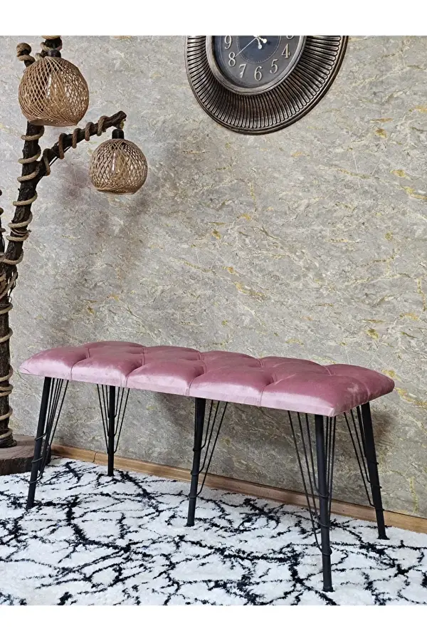 Metal Siyah Tel Ayaklı 100 cm Puf Bench - Puf - Bench - Oturak - Mutfak Oturağı - Antre Oturağı Pembe Renk 100 x 40 Boyut/Ebat - Image 1