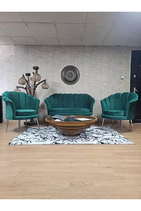 İstiridye Takım Krom Kaplama Sivriltme Ayak Çay Seti Koltuk Takımı Yeşil Renk 110 x 48 Boyut/Ebat - Image 1