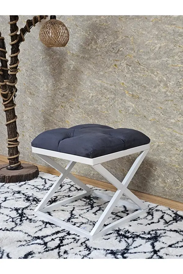 Beyaz Boyalı 45 cm x 45 cm Çaprazlı Puf Bench Oturak Füme Renk 45 x 45 Boyut/Ebat - Image 1