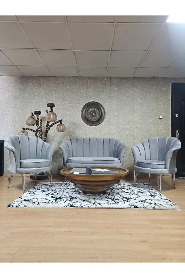 İstiridye Takım Krom Kaplama Telli Ayak Çay Seti Koltuk Takımı Gri Renk 110 x 48 Boyut/Ebat - Image 1