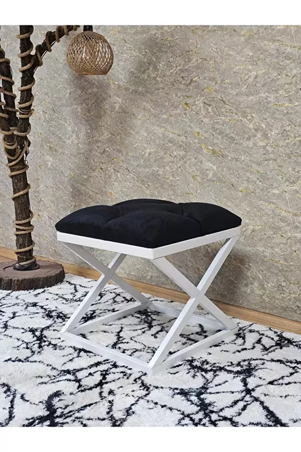 Beyaz Boyalı 45 cm x 45 cm Çaprazlı Puf Bench Oturak Siyah Renk 45 x 45 Boyut/Ebat - Image 1