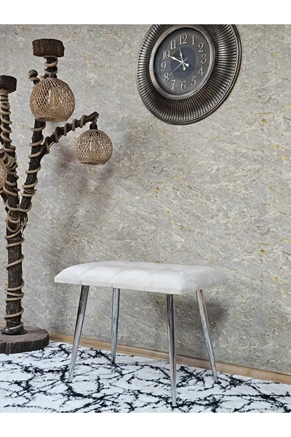 Krom Sivriltme Ayaklı 60 cm Puf Bench - Puf - Bench - Oturak - Mutfak Oturağı - Antre Oturağı Krem Renk 60 x 40 Boyut/Ebat - Image 1