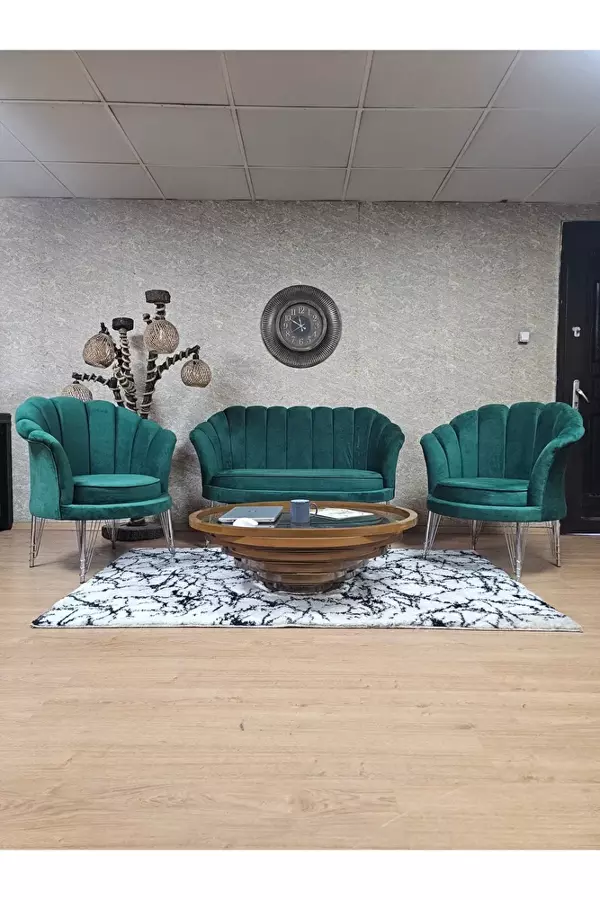 İstiridye Takım Krom Kaplama Telli Ayak Çay Seti Koltuk Takımı Yeşil Renk 110 x 48 Boyut/Ebat - Image 1