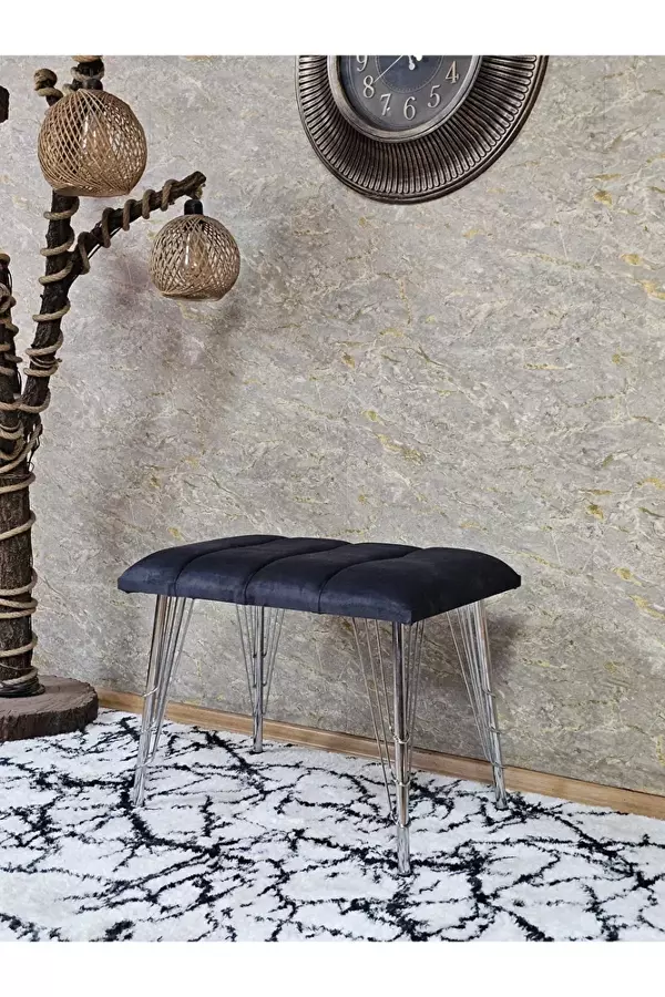 Metal Krom Tel Ayaklı 60 cm Puf Bench - Puf - Bench - Oturak - Mutfak Oturağı - Antre Oturağı Füme Renk 60 x 40 Boyut/Ebat - Image 1