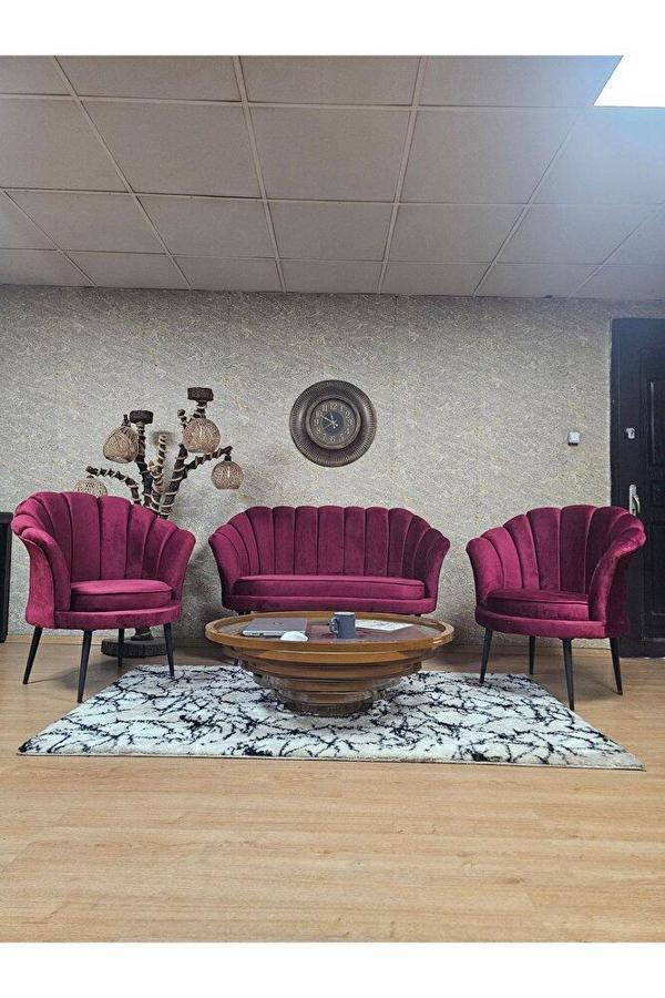 İstiridye Takım Siyah Boyalı Sivriltme Ayak Çay Seti Koltuk Takımı Bordo Renk 110 x 48 Boyut/Ebat - Image 1