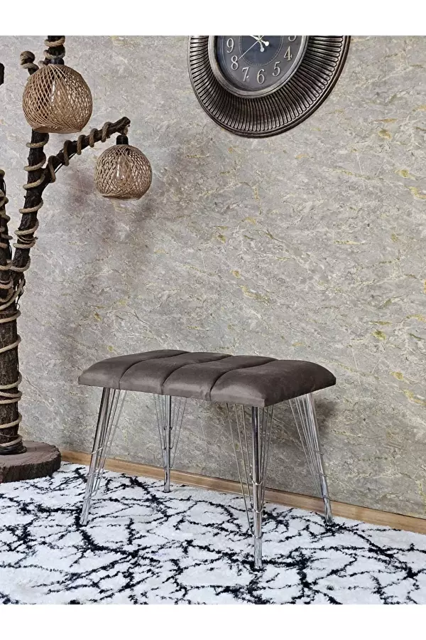 Metal Krom Tel Ayaklı 60 cm Puf Bench - Puf - Bench - Oturak - Mutfak Oturağı - Antre Oturağı Kahverengi Renk 60 x 40 Boyut/Ebat - Image 1