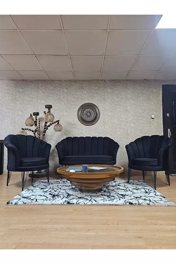 İstiridye Takım Siyah Boyalı Telli Ayak Çay Seti Koltuk Takımı Siyah Renk 110 x 48 Boyut/Ebat - Image 1