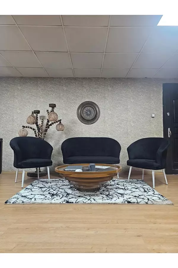 TEDDY Takım Beyaz Boyalı Sivriltme Ayak Çay Seti Koltuk - Berjer , Balkon, Salon, Ofis Siyah Renk 40 x 125 Boyut/Ebat - Image 1