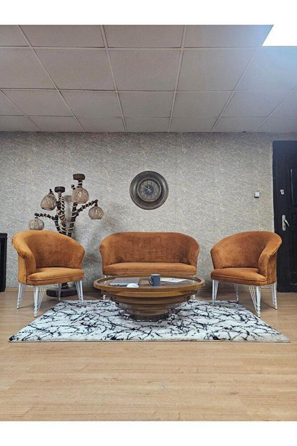 TEDDY Takım Beyaz Boyalı Telli Ayak Çay Seti Koltuk - Berjer , Balkon, Salon, Ofis Kiremit Renk 40 x 125 Boyut/Ebat - Image 1