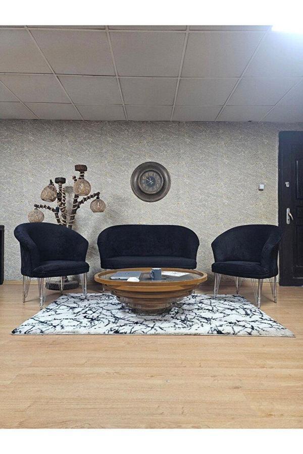 TEDDY Takım Krom Kaplama Telli Ayak Çay Seti Koltuk - Berjer , Balkon, Salon, Ofis Siyah Renk 40 x 125 Boyut/Ebat - Image 1