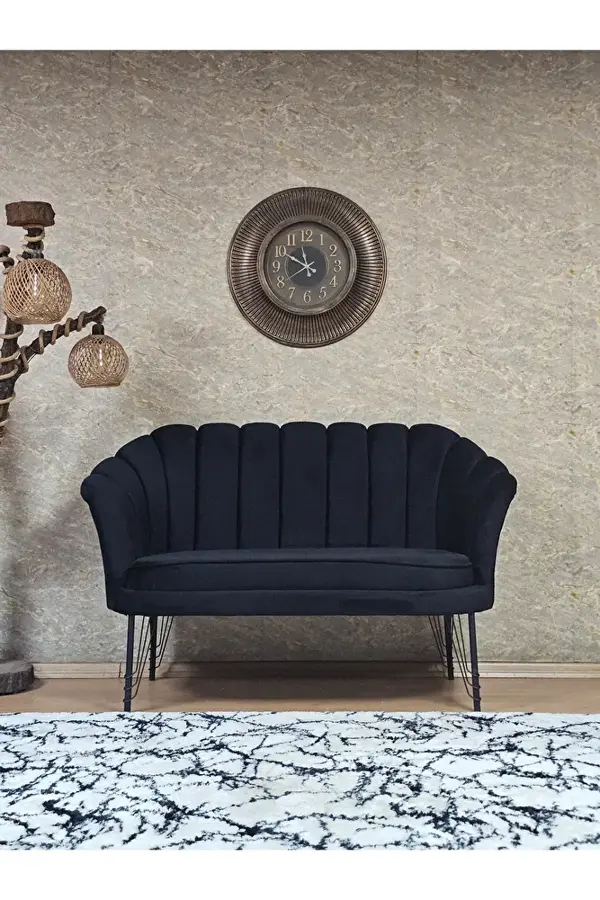 İkili İstiridye Siyah Boyalı Telli Ayak Çay Seti Koltuk Tekli Berjer , İkili Berjer Koltuk Siyah Renk 110 x 48 Boyut/Ebat - Image 1