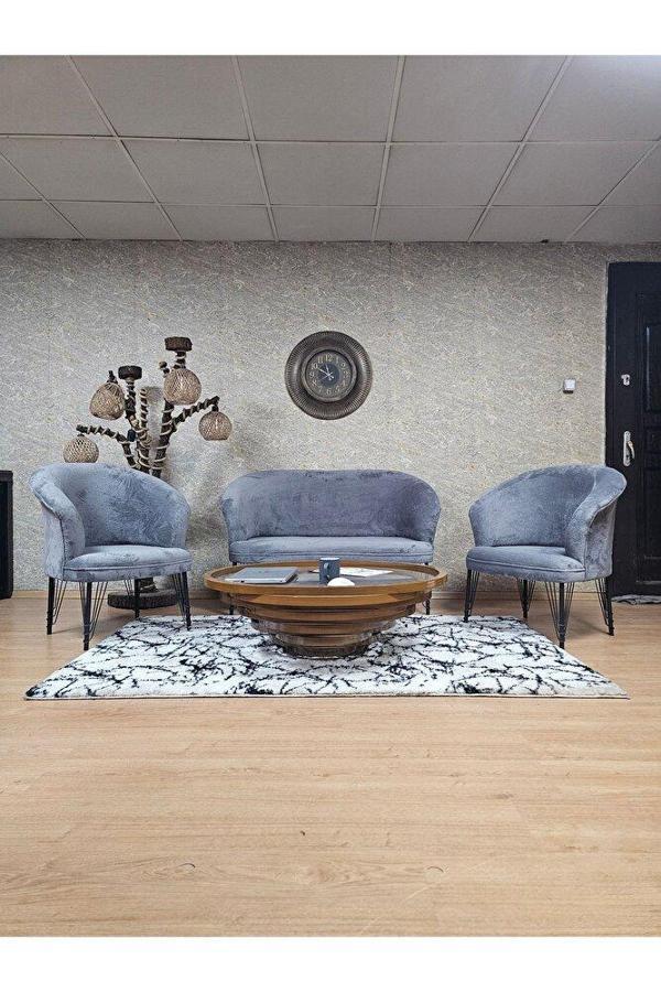 TEDDY Takım Siyah Boyalı Telli Ayak Çay Seti Koltuk - Berjer , Balkon, Salon, Ofis Gri Renk 40 x 125 Boyut/Ebat - Image 1