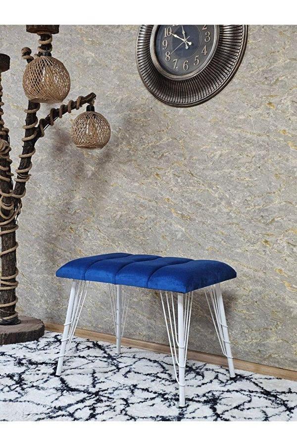 Metal Beyaz Tel Ayaklı 60 cm Puf Bench - Puf - Bench - Oturak - Mutfak Oturağı - Antre Oturağı Mavi Renk 60 x 40 Boyut/Ebat - Image 1