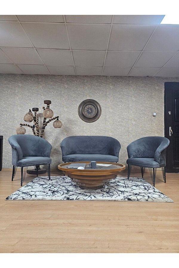 TEDDY Takım Siyah Boyalı Telli Ayak Çay Seti Koltuk - Berjer , Balkon, Salon, Ofis Füme Renk 40 x 125 Boyut/Ebat - Image 1
