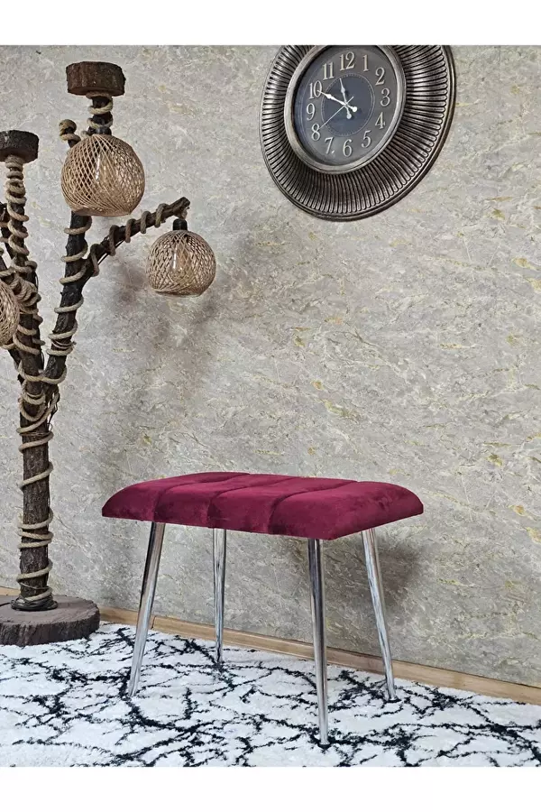 Krom Sivriltme Ayaklı 60 cm Puf Bench - Puf - Bench - Oturak - Mutfak Oturağı - Antre Oturağı Bordo Renk 60 x 40 Boyut/Ebat - Image 1