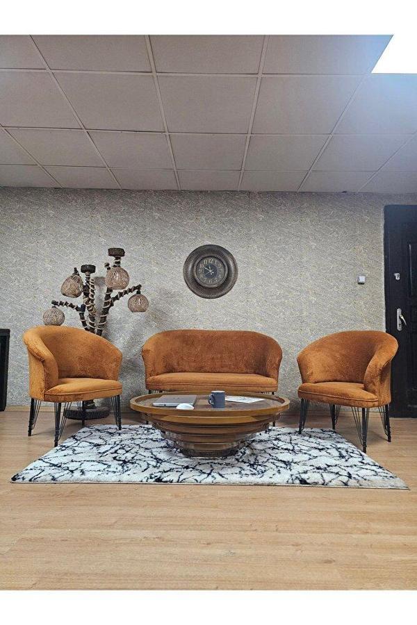 TEDDY Takım Siyah Boyalı Telli Ayak Çay Seti Koltuk - Berjer , Balkon, Salon, Ofis Kiremit Renk 40 x 125 Boyut/Ebat - Image 1