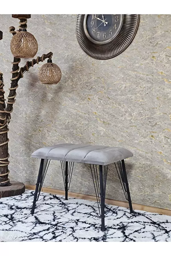 Metal Siyah Tel Ayaklı 60 cm Puf Bench - Puf - Bench - Oturak - Mutfak Oturağı - Antre Oturağı Gri Renk 60 x 40 Boyut/Ebat - Image 1