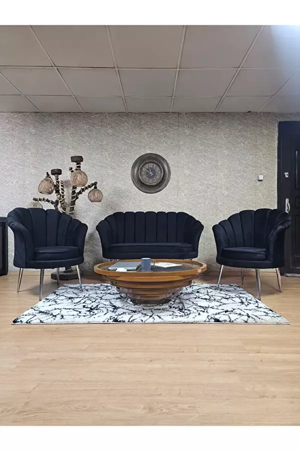 İstiridye Takım Krom Kaplama Sivriltme Ayak Çay Seti Koltuk Takımı Siyah Renk 110 x 48 Boyut/Ebat - Image 1
