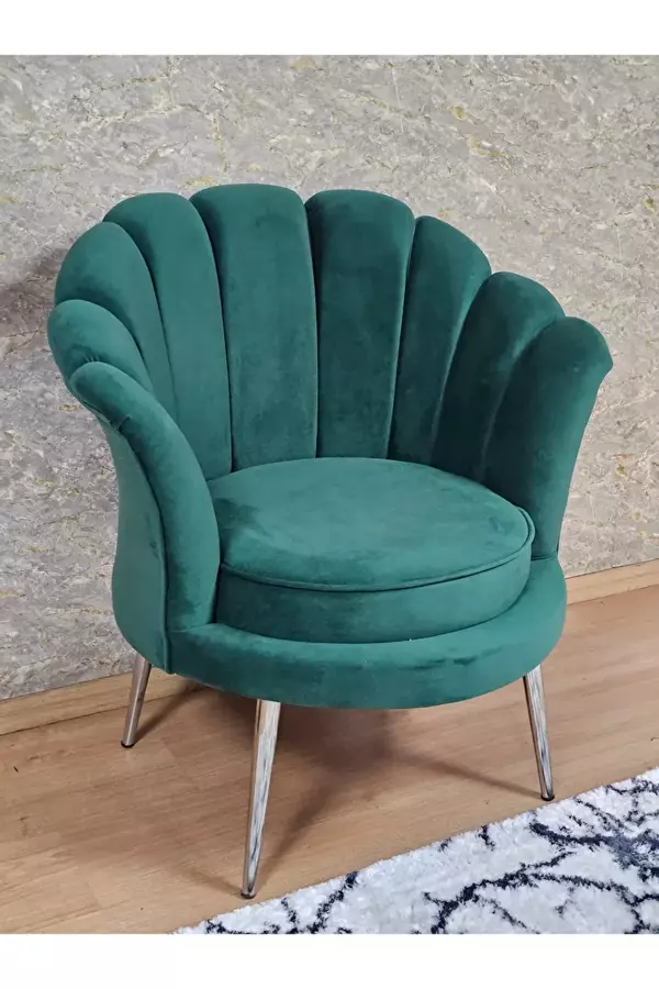Tekli İstiridye Krom Kaplama Sivriltme Ayak Çay Seti Koltuk Tekli Berjer , Balkon, Salon, Ofis Yeşil Renk 47 x 47 Boyut/Ebat - Image 1