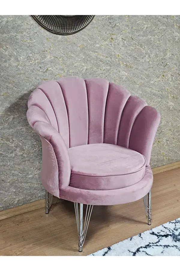 Tekli İstiridye Krom Kaplama Telli Ayak Çay Seti Koltuk Tekli Berjer , Balkon, Salon, Ofis Pembe Renk 47 x 47 Boyut/Ebat - Image 1
