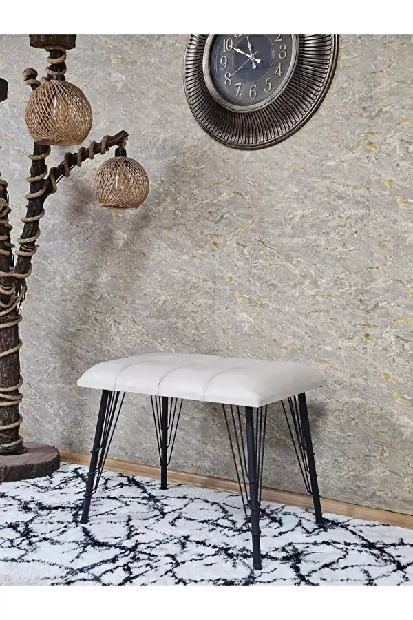 Metal Siyah Tel Ayaklı 60 cm Puf Bench - Puf - Bench - Oturak - Mutfak Oturağı - Antre Oturağı Krem Renk 60 x 40 Boyut/Ebat - Image 1