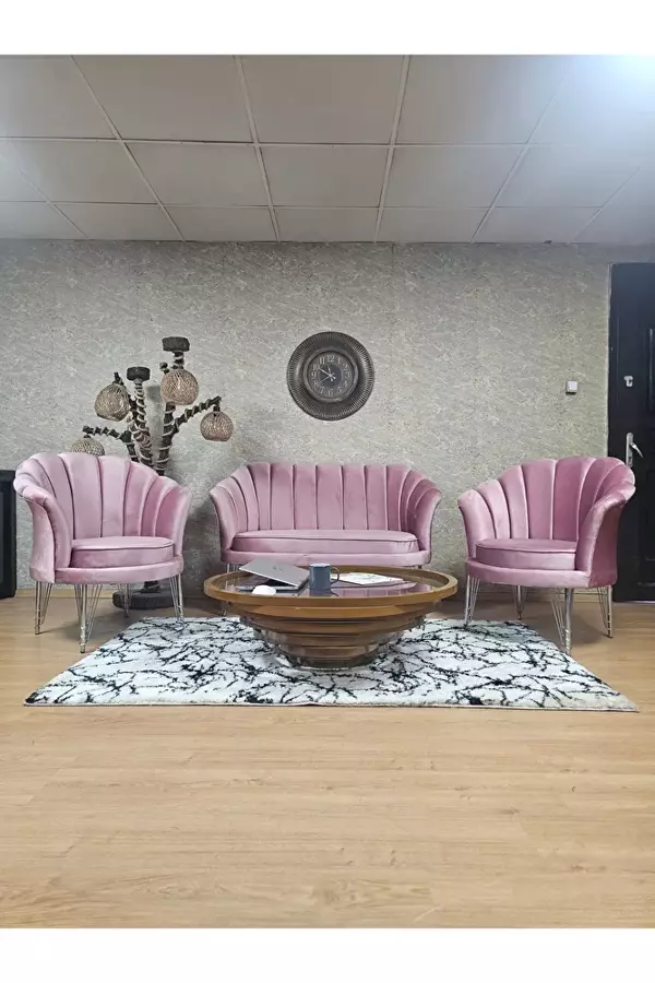 İstiridye Takım Krom Kaplama Telli Ayak Çay Seti Koltuk Takımı Pembe Renk 110 x 48 Boyut/Ebat - Image 1
