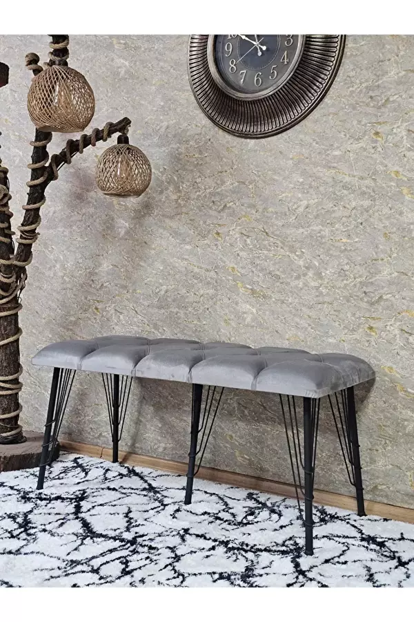 Metal Siyah Tel Ayaklı 100 cm Puf Bench - Puf - Bench - Oturak - Mutfak Oturağı - Antre Oturağı Gri Renk 100 x 40 Boyut/Ebat - Image 1