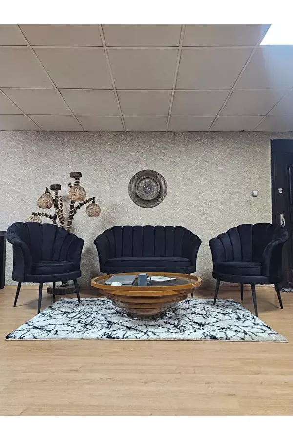 İstiridye Takım Siyah Boyalı Sivriltme Ayak Çay Seti Koltuk Takımı Siyah Renk 110 x 48 Boyut/Ebat - Image 1