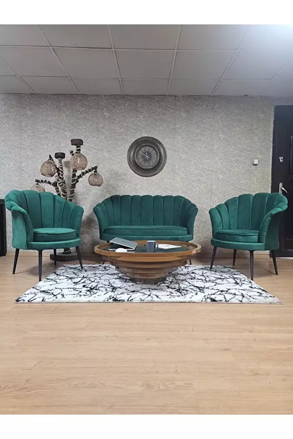 İstiridye Takım Siyah Boyalı Sivriltme Ayak Çay Seti Koltuk Takımı Yeşil Renk 110 x 48 Boyut/Ebat - Image 1