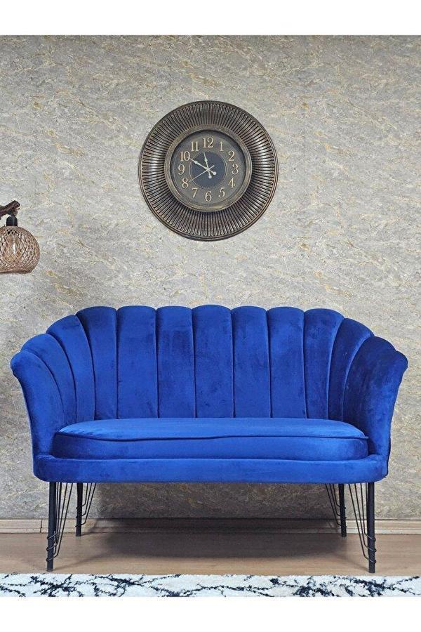 İkili İstiridye Siyah Boyalı Telli Ayak Çay Seti Koltuk Tekli Berjer , İkili Berjer Koltuk Mavi Renk 110 x 48 Boyut/Ebat - Image 1