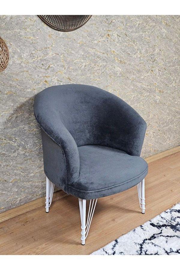 Tekli TEDDY Beyaz Boyalı Telli Ayak Çay Seti Koltuk Tekli Berjer , Balkon, Salon, Ofis Füme Renk 40,5 Boyut/Ebat - Image 1