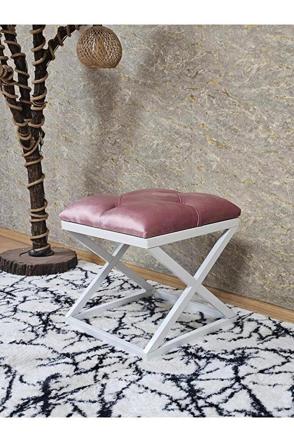 Beyaz Boyalı 45 cm x 45 cm Çaprazlı Puf Bench Oturak Pembe Renk 45 x 45 Boyut/Ebat - Image 1