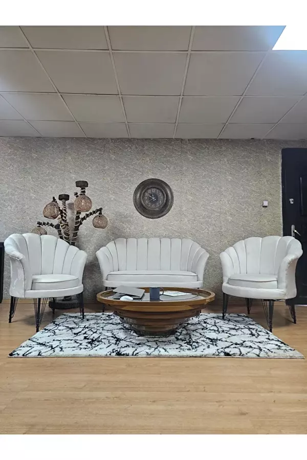 İstiridye Takım Siyah Boyalı Telli Ayak Çay Seti Koltuk Takımı Krem Renk 110 x 48 Boyut/Ebat - Image 1