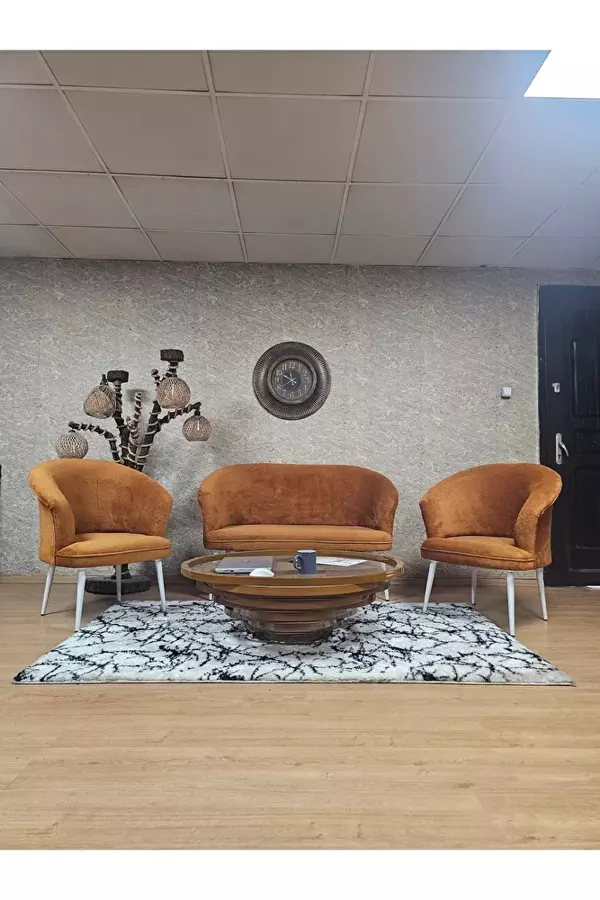 TEDDY Takım Beyaz Boyalı Sivriltme Ayak Çay Seti Koltuk - Berjer , Balkon, Salon, Ofis Kiremit Renk 40 x 125 Boyut/Ebat - Image 1