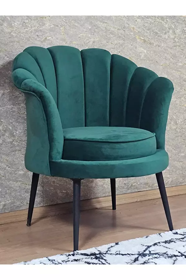 Tekli İstiridye Siyah Boyalı Sivriltme Ayak Çay Seti Koltuk Tekli Berjer , Balkon, Salon, Ofis Yeşil Renk 47 x 47 Boyut/Ebat - Image 1