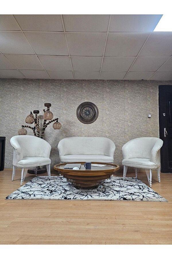 TEDDY Takım Beyaz Boyalı Telli Ayak Çay Seti Koltuk - Berjer , Balkon, Salon, Ofis Krem Renk 40 x 125 Boyut/Ebat - Image 1