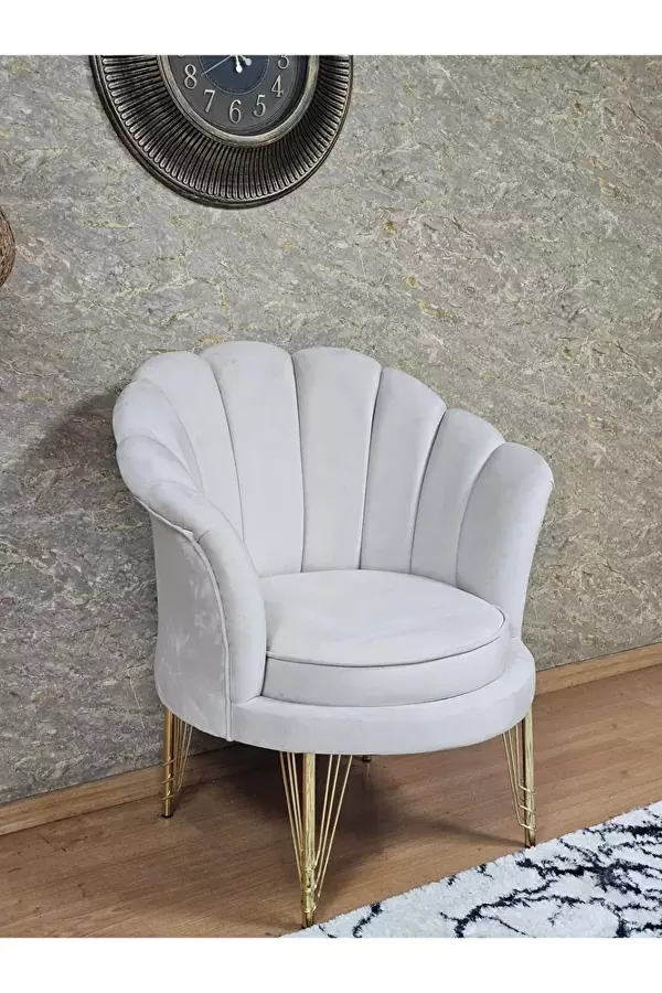 Tekli İstiridye Gold Kaplama Telli Ayak Çay Seti Koltuk Tekli Berjer , Balkon, Salon, Ofis Krem Renk 47 x 47 Boyut/Ebat - Image 1
