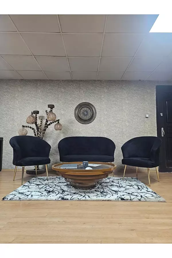 TEDDY Takım Gold Kaplama Sivriltme Ayak Çay Seti Koltuk - Berjer , Balkon, Salon, Ofis Siyah Renk 40 x 125 Boyut/Ebat - Image 1