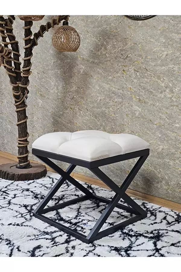 Siyah Boyalı 45 cm x 45 cm Çaprazlı Puf Bench Oturak Krem Renk 45 x 45 Boyut/Ebat - Image 1