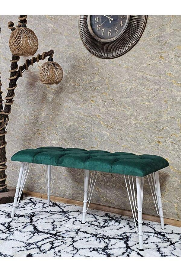 Metal Beyaz Tel Ayaklı 100 cm Puf Bench - Puf - Bench - Oturak - Mutfak Oturağı - Antre Oturağı Yeşil Renk 100 x 40 Boyut/Ebat - Image 1